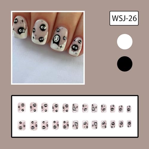 Halloween Short Square Press on Nails Cute Black Coal Ball Design False Nails French Fake Nails Glossy Little Ghost Full Cover Acrylic Nails for Women Halloween Manicure Decorations - color: Halloween Style 021