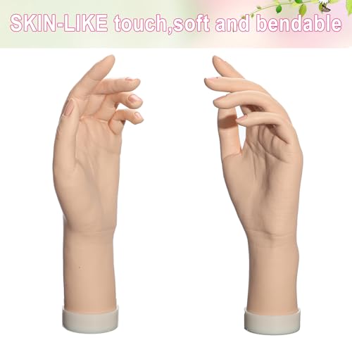 Practice Hand for Acrylic Nails Realistic Mannequin Hand for Nails Practice Soft Flexible Bendable False Fake Nail Hand Art Trainer Manicure Practice Hand Tool and Rings Display of Bracelets (Left) - size: Left
