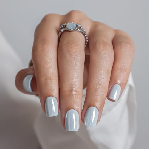 SHANGMENG Press on Nails, Square Short Blue Chrome Fake Nails, Soft Gel - color: Mercury Veil