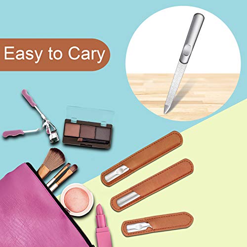 3 Pcs Stainless Steel Nail File Kit with Leather Case, Double Sided, Brown - color: Brown