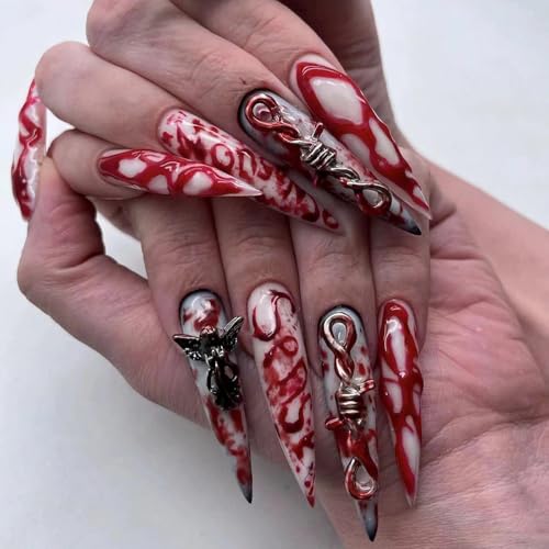 MISUD Press on Nails - Long Stiletto Glue on Nails with Goth Red, Acrylic Gothic Charms Vampire Design 24 pcs - color: 06108Red