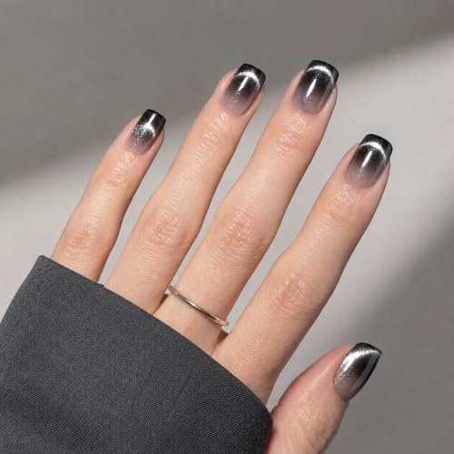 Black Ombre Cat Eye Press On Nails, Short Square Reusable Nails - color: I2-Smoked Eclipse