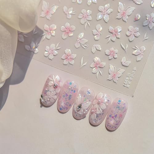 5D Embossed Flower Nail Art Stickers Pink Butterfly Nail Decals Spring Cherry Blossom Designs Self-Adhesive Nail Decor Flower Petal Nail Design Stickers Cute Nail Art Decals for Women DIY Manicure - style: 5D Embossed Nail Stickers-1