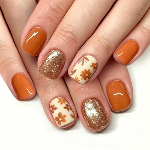 Fall Press on Nails Square, Flower Maple Leaf Design, Short, Glitter 24Pcs - color: Style-25