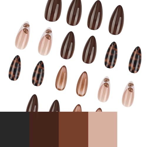 Fall Press On Nails - Medium Almond Brown Fake Nails, 24Pcs - color: Style-04