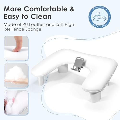LIONVISON Arm Rest for Nails Tech: U Shaped Ergonomic Nail Hand Rest Stand PU Leather with Rotating Phone Holder for Nail Salon Manicurist (White) - color: White with Phone Holder
