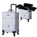 TOPACK 3-In-1 360°Rotaing Rolling Makeup Train Case with Trolley/Drawer - color: silver, size: medium