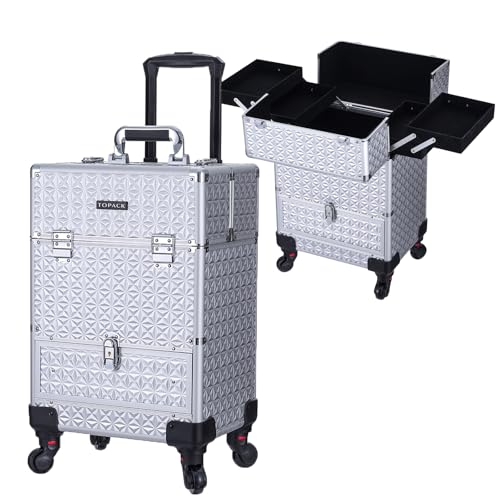 TOPACK 3-In-1 360°Rotaing Rolling Makeup Train Case with Trolley/Drawer - color: silver, size: medium