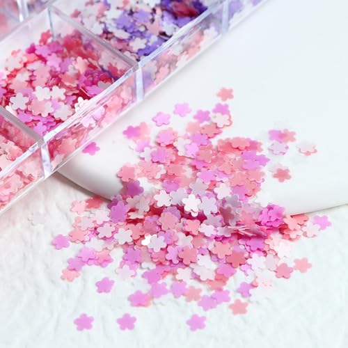 1 Box 6 Color Holographic Flower Nail Glitter Floral Nail Sequins 3D Pink Purple Nail Flakes Sparkly Glitter Flakes Shiny Nail Glitter Spring Summer Nail Sequins Glitter for Nails Art 12 Grids - color: YHN19