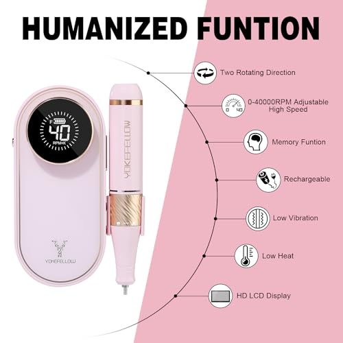 YOKE FELLOW Nail Drill Machine - 40000 RPM Electric Nail File Nail Drills for Acrylic Nails Professional with 12 Drill Bits Manicure Pedicure Polishing Nail Drill for Home Use - color: Pink