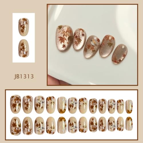 Fall Maple Leaf Press On Nails Short Oval Cat Eye Fake Nails Reusable Autumn Glue On Nails with Glitter Design Acrylic False Nails Fall Leaf Stick On Nails for Women Thanksgiving Manicure 24Pcs - color: special Fall-20