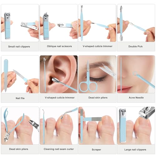 Nail Kit, Manicure Kit, Nail Care Kit for Women, Manicure Pedicure Set, Nail Clippers Toenail Clippers Kit, Professional Manicure Kit Pedicure Kit, Light Blue Travel Case, Set of 12. - color: Light Blue