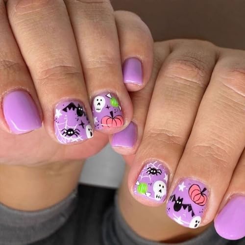 Halloween Press on Nails Short Square Fake Nails Purple Nails Press Ons with Ghost Bat Pumpkin Designs Acrylic Nails Full Cover Glossy Stick on Nails Cute Bat Glue on Nails for Women 24Pcs - color: Purple-7