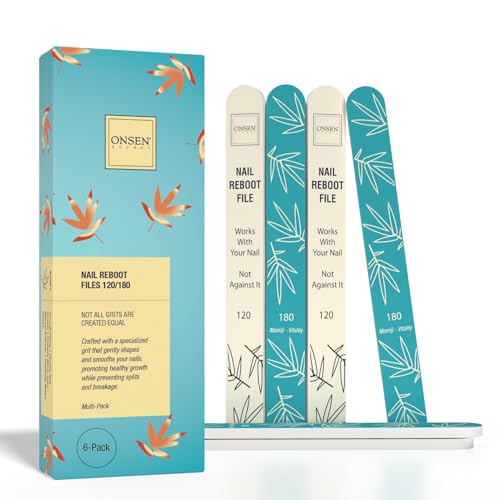 Onsen Secret Japanese Nail File - Professional 6-Pack Nail Files, Double Sided Natural & Acrylic Filers - 120/180 Grit - Disposable, Salon Smooth | Best Onsen File for Shiny Nails - size: 6 Nail Files