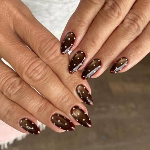 Brown Press on Nails Almond, Fall Winter Cat Eye, Polka Dots, Medium - color: Style-37