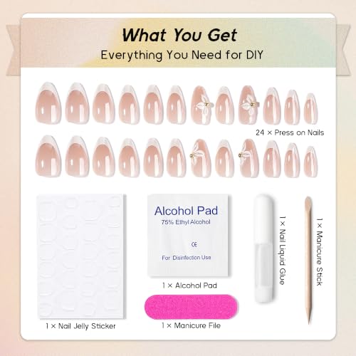 Qsnidy Pearlescent Press on Nails - Glazed 3D Flower, Medium Almond - color: Glazed 3D Flower