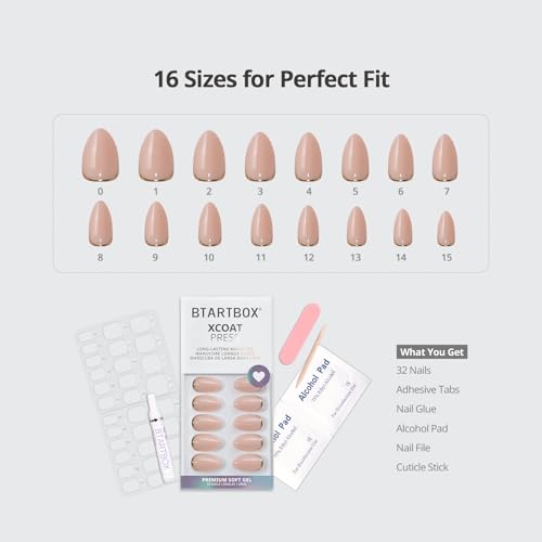 BTArtbox Press On Nails, Almond Short Nude Fake Nails, 32Pcs Full Kit - color: A-Gold End