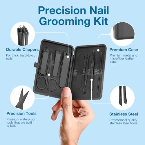 Men Nail Grooming Kit 8 Pcs, Precision Nail Clipper for Men, Black - color: Black