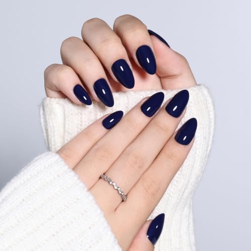 Navy Blue Press On Nails, Short Almond, Glossy Dark Blue Glue On Nails - color: D8-Navy Blue