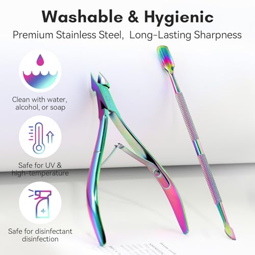 Makartt Rainbow Titanium Sharp Cuticle Nipper and Pusher Set - color: Multi-colored