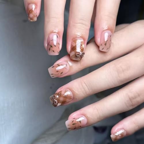 Fall Press on Nails Short Square Fake Nails 3D Bow Cat Eye Checkered Design - color: 25