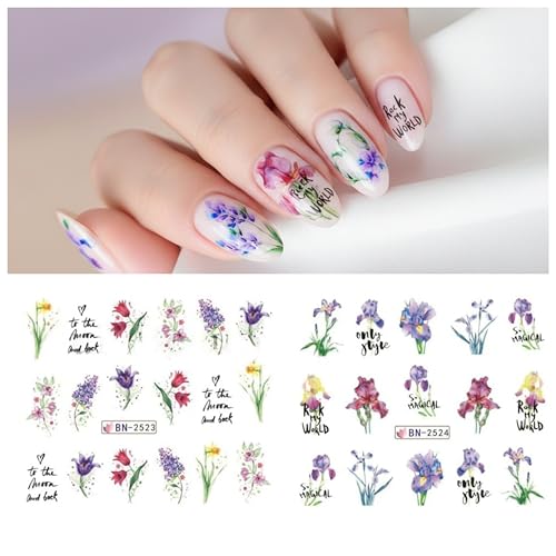 Flower Nail Art Stickers, Flower Nail Decals Water Transfer Nail Art Supplies Summer Lily Orchid Butterfly Small Floral Flowers Spring Nail Tattoo Stickers Accessories for Women Girls(12Sheets) - style: Floral
