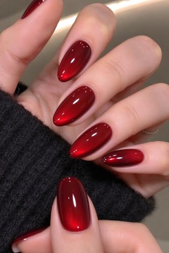 AzureBeauty Short Almond Press On Nails, Ruby Red Cat Eye, 32 Pcs 16 Sizes - color: B1-Ruby Red Cat Eye