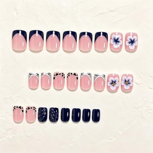 Fall Blue Press On Nails Short Square Duck Fake Nails With Flower Designs - color: fallnails20