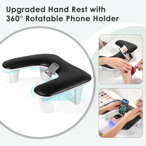 LIONVISON Arm Rest for Nails Tech: U Shaped Ergonomic Nail Hand Rest Stand PU Leather with Rotating Phone Holder for Nail Salon Manicurist (Black) - color: Black with Phone Holder