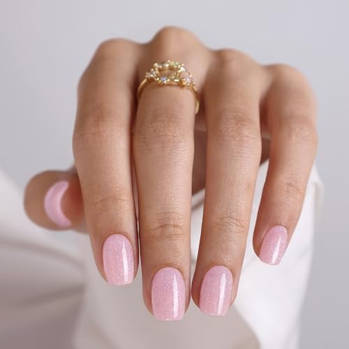 SHANGMENG Press on Nails, Square Short Pink Glitter Fake Nails, Soft Gel - color: Pink Sugar Cube