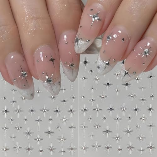6 Sheets Star Nail Stickers for Nail Art, Shiny Crystal Diamond Stars Heart Silver Gold Self-Adhesive Nail Art Stickers Decals Design Everyday Salon Nail Art DIY Decoration Supplies for Women - style: Stars
