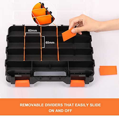 Mayouko Double Side Tools Organizer, Customizable Removable Plastic Dividers, Hardware Box Storage, Excellent for Screws,Nuts,Small Parts, 34-Compartment,2 PCS Set,12.6"L x 10.6"W x 3.2"H - color: Orange, size: 2 PCS