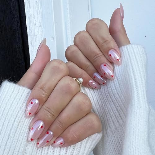 Qsnidy Pearlescent Press on Nails - Glazed Red Heart, Medium Almond - color: Glazed Red Heart