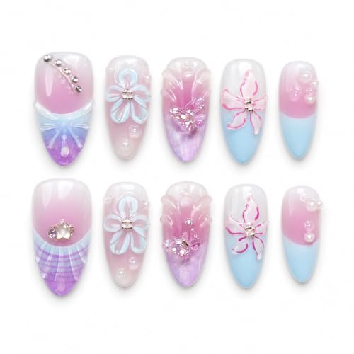 10Pcs Handmade Press on Nails with 3D Flower Designs and Rhinestones, Medium Almond Gradient Pink and Blue Fake Nails, Luxury Fairy Floral Acrylic Nails for Women - color: Pink and Blue Gradient, size: S
