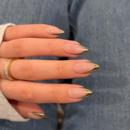 Gold French Tip Press On Nails Short Almond, Medium Fake Nails French Nails Press ons Acrylic Nails Glue on Nails Medium, Natural Short Almond Nails False Nails for Women in 12 Sizes 24 Pcs - color: almond chrome gold