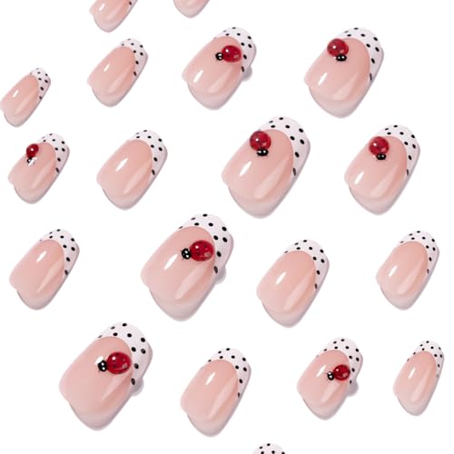 3D Short Oval French Tip Press‑On Nails — Nude Pink with White Polka Dots & Cute Ladybug, Glossy Acrylic Stick‑On Reusable Full‑Cover False Nails for Women & Girls — Easy‑Apply Tabs, Salon‑Quality - color: Polka-dot ladybug