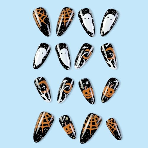 Halloween Press on Nails Ghost Pumpkin Black Fake Nails Set 24Pcs - color: halloween-design14