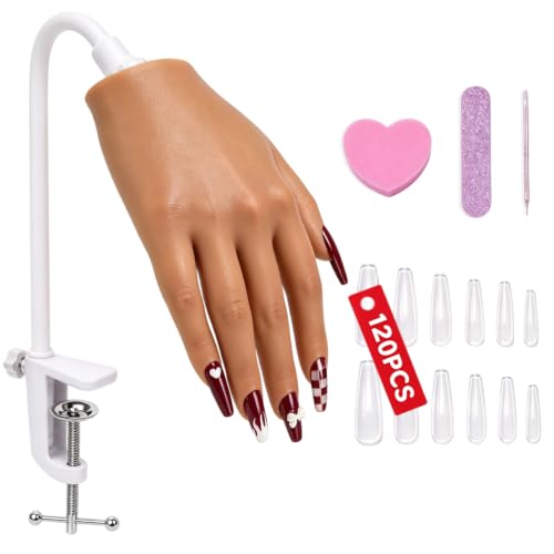 KnowU Silicone Nail Practice Hand, Acrylic Nails Manicure Model, Durable Nail Training Mannequin for Beginners and Professionals, Brown - color: Brown, size: Clamp Stand