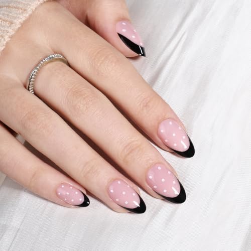 Polka Dot Press On Nails - Black French Tip Almond Fake Nails - color: 3C - Black French Dot