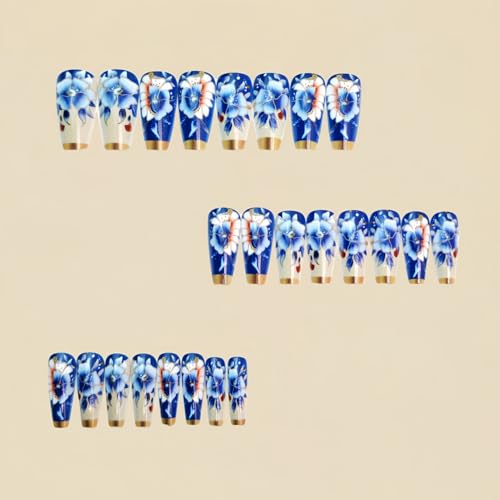 Blue Press on Nail Long Coffin Fake Nails with Flower designs Stick on Nail Full Cover Gold French Tip Press ones Glossy Luxury False Nails Reusable Spring Glue on Nails for Women 24pcs - color: style2