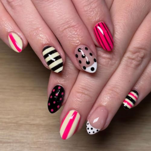 30Pcs Almond Press on Nails Polka Dots Fake Nails Short Nails Press ons - color: Summer Style-Colorful-14