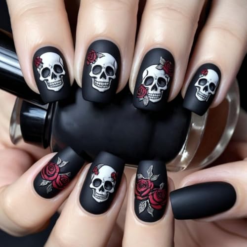 Halloween Press on Nails Skull & Rose False Nails Designs Short Square Fake Nail Black Matte Full Cover Acrylic Nails Halloween Artificial Stick on Nail for Women Art Manicure 24 Pcs - color: Halloween Style 019