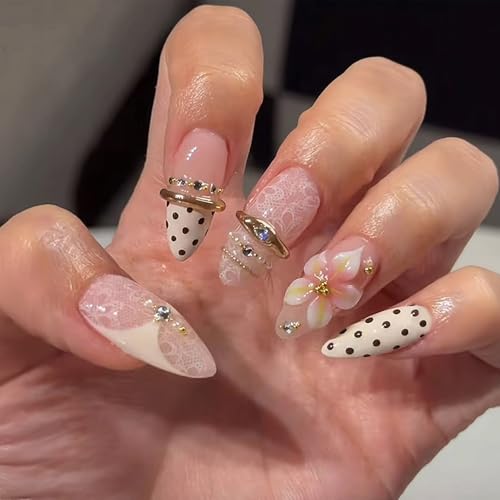 White Lace Press On Nails Medium Almond Fake Nails Polka Dot False Nails With Flower Gold Ring Design Acrylic Nails Press Ons Rhinestone Reusable Glue On Nails For Women - color: Design-28