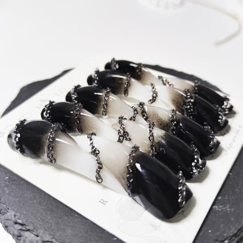 10Pcs Handmade Claw Press on Nails,Long Cats Claw 3D Chain Fake Nails with Black White Gradient Designs Gothic Thick Acrylic Nails Press Ons Glossy Stick on Nails for Women Girls (Size L) - color: Style 01, size: Long