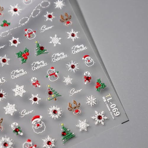 5D Embossed Christmas Nail Stickers for Nail Art Xmas Tree, Snowflake,Santa, Elk Rhinestone Nail Art Decals for Women Self-Adhesive Nail Supplies Art Design Stickers - color: Christmas-069