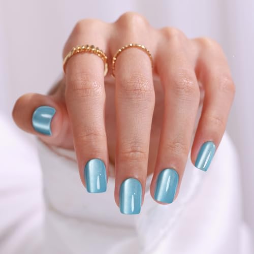 SHANGMENG Press on Nails, Square Short Aqua Blue Cat Eye Nails, Soft Gel - color: Lake Shimmer