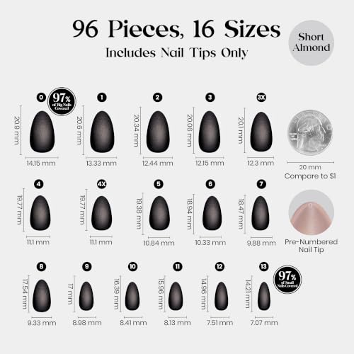 Beetles Black Cat Eye Press On Nails 96 Pcs, Matte Short Almond, 16 Sizes - color: 0 - Black CatEye - S