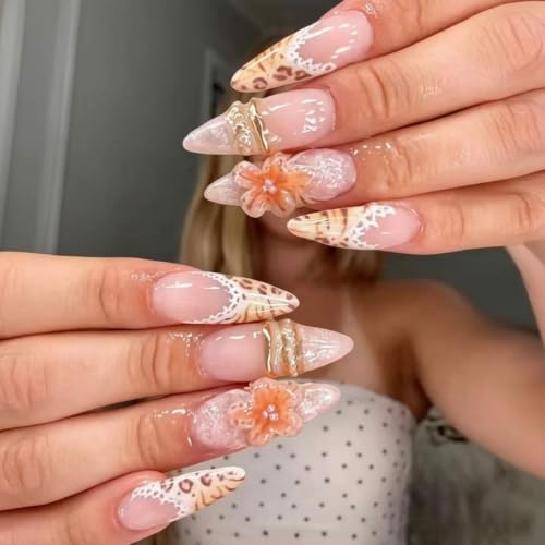 Long Stiletto Press On Nails, Nude Leopard Print French Tip Fake Nails - color: PJ-Pink-4