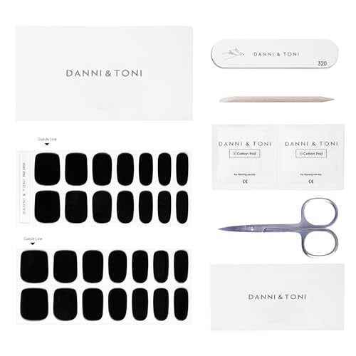 DANNI & TONI Semi Cured Gel Nail Strips Black (Obsidian) Gel Nail Polish Stickers Glossy Nail Wraps 28 Stickers - color: Obsidian