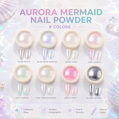Aurora Chrome Nail Powder, 8pcs Iridescent Mirror Effect with Sponge Sticks